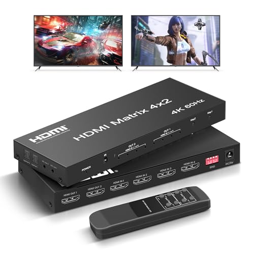 4K@60Hz HDMI Switch Splitter 4 in 2 Out w/Remote, Optical Audio and 3.5mm | HDMI Matrix Switch Supports Audio Extractor, Auto Downscaler, HDMI2.0, HDCP2.2 and 3D for PS5, Xbox, TV and Monitor