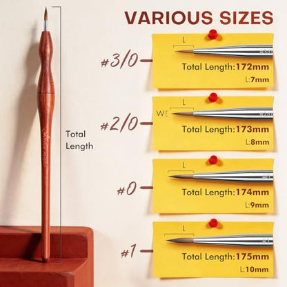 Golden Maple Kolinsky Sable Miniature Brushes Set - 4 Replaceable Heads & Red Sandalwood Handle for Miniature Models, Professional Detail Painting, Watercolor & Acrylic, Size 3/0 2/0 0 1 - size: 3/0 2/0 0 1