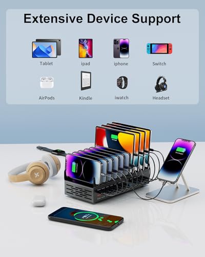 24 Ports 420W Charging Station for Multiple Devices, Iron Alloy USB Charger | with 30W Power Delivery, Multi Fast Charger Dock for Phone Tablet, Home, Office, School