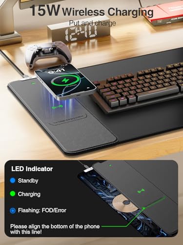 Wireless Charging Mouse Pad, 31.5"x15.8" Large Desk Mat, Smooth Glide | Waterproof Mousepad, Stitched Edge, Non-Slip Rubber Base, Desk Pad Computer Keyboard Mat, No Adapter - color: Black-31.5"x15.8"