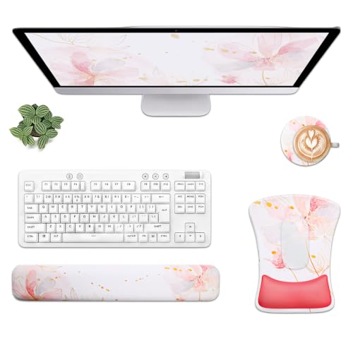 Mouse Pad with Wrist Rest and Keyboard Wrist Rest Set of 3, Gel Ergonomic Support, Non-Slip PU Base, Watercolor Floral Desk Accessories for Women Home Office-HUADO - color: Pink Floral