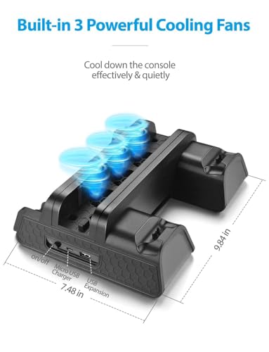 Vertical Stand for PS4/PS4 Slim/PS4 Pro, Black | Cooling Fan, Controller Charging Station, 12pcs Game Storage, PlayStation 4 Charger