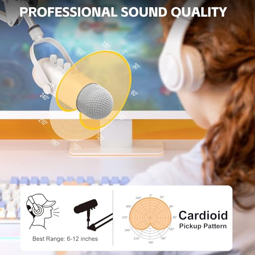 ZealSound Gaming Microphone for PC, USB Podcast Microphone with Noise Reduction, Mute & Gain Control, Zero-Latency Monitoring, Echo Control, Boom Arm, for Mac, iPhone, Stream, YouTube, TikTok (White) - color: White
