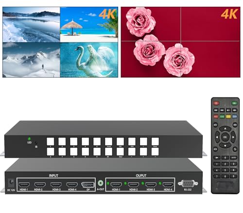 4K 4x4 Seamless HDMI Matrix Switch Video Wall Controller 4 Input 4 Output | Multi-View Display 4x4 HDMI Matrix Video Wall Processor, HDMI 2.0, 18Gbps, RS-232 and IR control，90 - 180 degrees rotation