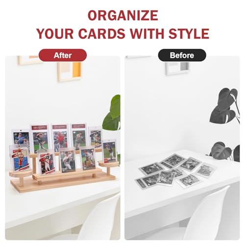 Wooden Trading Card Display Stand, 3-Tier Card Holder for Graded, Sports and TCG Cards, Tabletop Display Holder, Rustic Solid Wood Shelf Stand for Basketball Football Hockey(Wood Grain)
