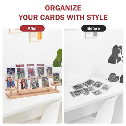 Wooden Trading Card Display Stand, 3-Tier Card Holder for Graded, Sports and TCG Cards, Tabletop Display Holder, Rustic Solid Wood Shelf Stand for Basketball Football Hockey(Wood Grain)