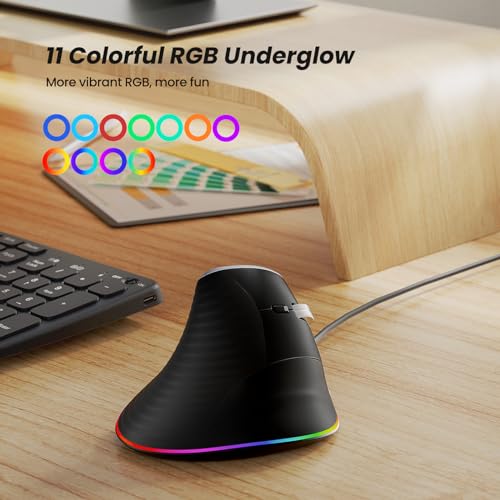 Nulea M504 유선 수직 마우스, USB 광학 인체 공학적 마우스, 4가지 조절 가능한 DPI, 11가지 RGB 백라이트 모드, 노트북, PC, 데스크톱, 맥과 호환, 블랙 - color: B-블랙