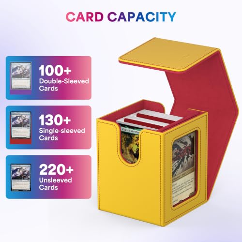 UAONO Card Deck Box for MTG Commander, Fits 100 Double-Sleeved Cards | Independent Commander Display, Magnetic Deck Case for Magic the Gathering TCG, 2 Dividers & 1 Top Loader (Yellow/Red) - color: A-Yellow&Red