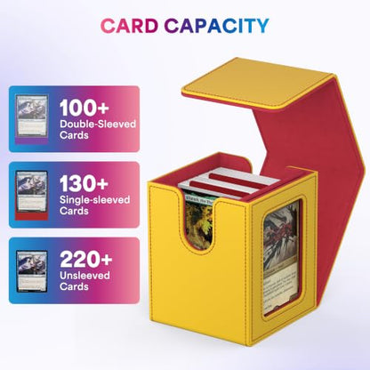 UAONO Card Deck Box for MTG Commander, Fits 100 Double-Sleeved Cards | Independent Commander Display, Magnetic Deck Case for Magic the Gathering TCG, 2 Dividers & 1 Top Loader (Yellow/Red) - color: A-Yellow&Red