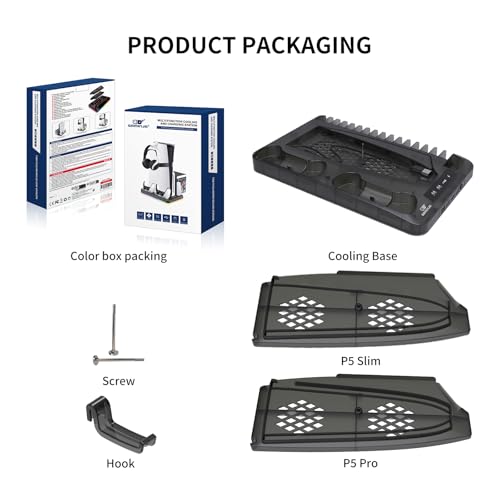 Cooling Station for Ps5/Slim/Pro Disc & Digital Playstation 5 Vertical Stand Organizer with Dual Controller Charger,16 Game Slots,7 Rgb,3 Level Cooler Fan,3 Usb Ports,Headset & Remote Holder - color: Transparent Black