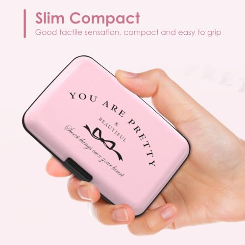 Credit Card Holder Pink, RFID Wallet Women Pocket Small Card Holder, You Are Pretty Travel Business Card Case Metal RFID Blocking Card Organizer for Women Men - color: Pink Bow You Are Pretty