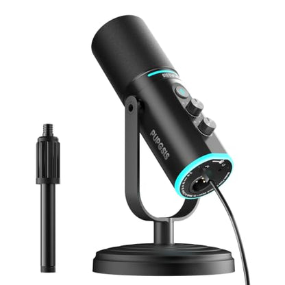 PUPGSIS Podcast Dynamic Microphone, XLR/USB Recording PC Microphones for Broadcast, Podcast, Recording, Gaming & Streaming, Studio Mic with Mute, Headphone Jack, Monitoring Volume Control, Windscreen - size: With Desk Stand