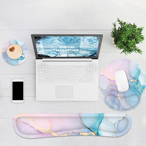 Ergonomic Mouse Pad with Wrist Rest and Keyboard Wrist Rest, Mousepad and Wrist Rest for Computer Keyboard, Non-Slip Rubber Base, Mouse Pad with Wrist Support for Gaming, Office, Pink Blue Marble - color: Cyan Pink Marble