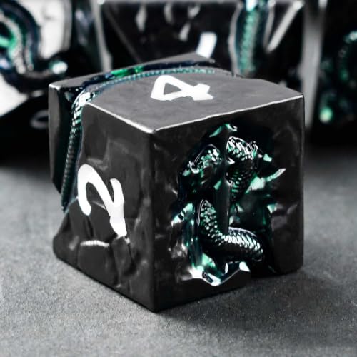 Serpent Metal D&D Dice Set, 7 Piece Zinc Alloy Polyhedral Dice for Dungeons and Dragons, Balanced Tabletop RPG Dice with Easy Read Numbers & Storage Box - color: Black White