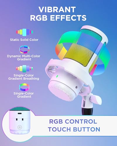 InnoGear USB Gaming Microphone for PC Boom Arm Condenser Mic Set, White | One-Touch Mute, Interruption-Free, Adjustable Boom Arm, Zero-Latency Monitoring, Work with Xbox, Changeable RGB Modes - color: White, style: 2-Axis Arm with Mic