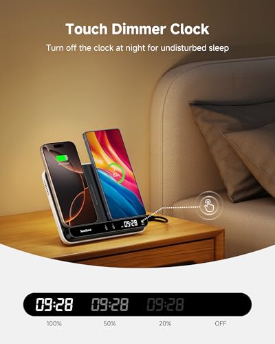 Dual Phone Foldable Wireless Charging Station for iPhone, Galaxy, Pixel | Dual phone charging, Foldable portable stand, Dimmable clock, Case friendly, Raised charging area, flat mode for earbuds, 504 - color: Black