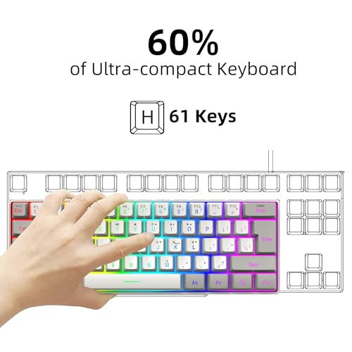 Snpurdiri 60% Wired Gaming Keyboard, 61 Keys RGB Backlit Small Gaming Keyboard for PC/Mac Gamer, Typist, Travel, Easy to Carry on Business Trip(Grey-White) - color: Grey and White