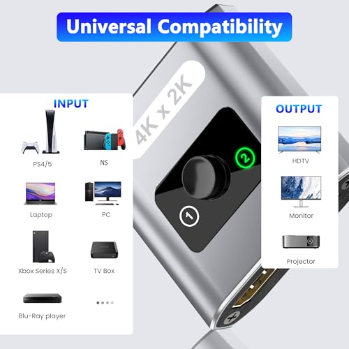 HDMI Switch Splitter 4K@60Hz, Aluminum Bi-Directional HDMI 2.0 Switcher, HDMI Splitter 1 in 2 Out/ 2 in 1 Out, Support 4K 3D HDR for Xbox, PS5/4/3, Fire Stick, Roku, HDTV, Projector, Computer (Gray) - color: Gray