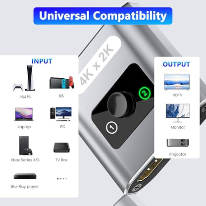 HDMI Switch Splitter 4K@60Hz, Aluminum Bi-Directional HDMI 2.0 Switcher, HDMI Splitter 1 in 2 Out/ 2 in 1 Out, Support 4K 3D HDR for Xbox, PS5/4/3, Fire Stick, Roku, HDTV, Projector, Computer (Gray) - color: Gray