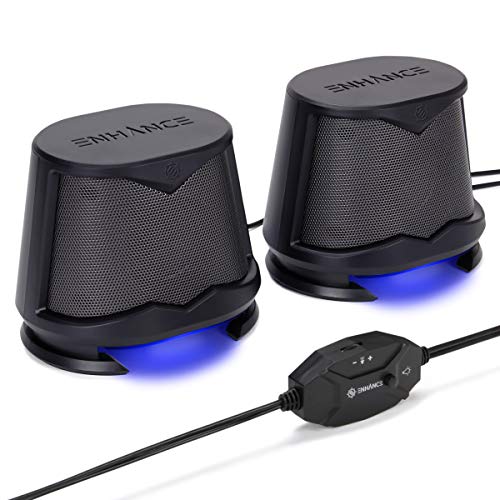 ENHANCE SB2 PC Speakers with Blue LED Glow Lights and 2.0 USB Powered Design - 10W Peak Sound, 3.5mm Wired Connection, in-Line Volume Control - Compatible with Gaming Desktop, Laptop, PC - Black - color: Blue