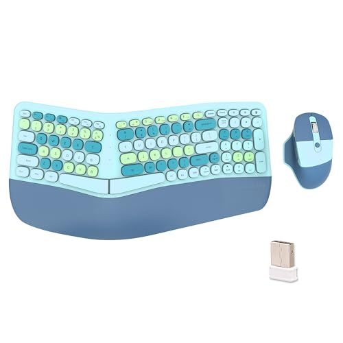 Wireless Ergonomic Keyboard and Mouse Combo with PU Wrist Rest, Carpal Tunnel Keyboard, 2.4G Colorful Split Ergo Keyboard, Comfortable Natural Typing, Compatible with PC/Laptop (Blue) - color: Blue