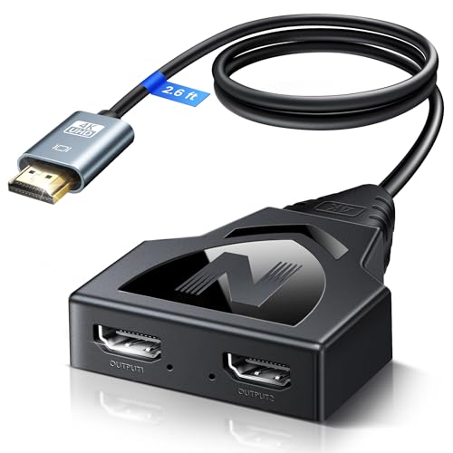NEWCARE 4K HDMI Splitter 1 in 2 Out with Built-in 2.6FT HDMI 2.0 Cable | Works with 2 TVs of Different Sizes at The Same Time, Mirror 1 Source to 2 Screens, No Extended Display, Support PS5, Monitor