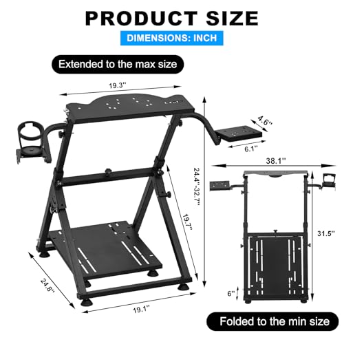 CXRCY Racing Wheel Stand, Cup Holder, Foldable, Adj for G920 G29 G27 G25 | For Fanatec & Thrustmaster (T248,T300RS,T150). Xbox,PS4,PS5,PC. Foldable, height adj, cup holder. Wheel/pedals not incl. - color: Black with Cup Holder