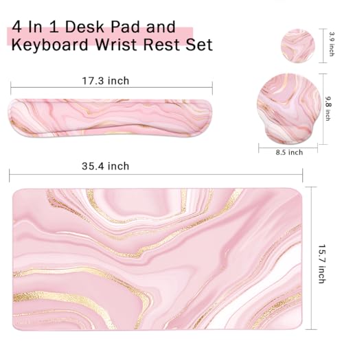 4-in-1 Gaming Mouse Pad Wrist Support Set，Desk Pad + Mouse Pad with Wrist Rest + Keyboard Wrist Rest + Coaster, Ergonomic Design for Home Office Study Game - Pink Fluid - color: 4 Pcs Pink Marble