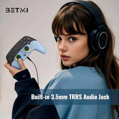 BETMI Wireless Controller for PS-5/Pro/Slim/PC (Black/Blue) | Hall Effect Joystick & Trigger/Macro/6-Axis Gyro Sensor/Dual Vibration/Built-in Speaker/3.5mm Audio Jack/RGB Light - color: Black/Blue