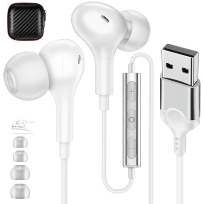 USB Earbuds with Microphone for PC Laptop,Wired USBA Headset with Mic in Ear Buds Noise Isolating Light Laptop Earphones Headphones for Dell HP Surface Computer Office Zoom Work Gaming School,White - color: White