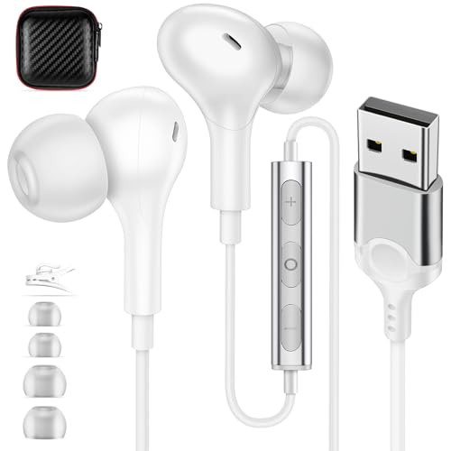 USB Earbuds with Microphone for PC Laptop,Wired USBA Headset with Mic in Ear Buds Noise Isolating Light Laptop Earphones Headphones for Dell HP Surface Computer Office Zoom Work Gaming School,White - color: White