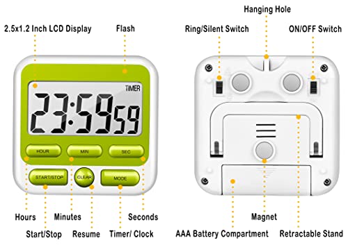 4-in-1 Digital Timer with Count Up/Down, Clock & Alarm, Ring & Silent Modes | Large 2.8-Inch easy-read LCD, On/Off switch, 24-Hour count up/down, Fast-forward function, Magnetic back, stand, hanging hole - color: Green