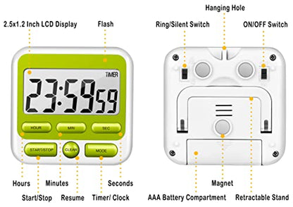 4-in-1 Digital Timer with Count Up/Down, Clock & Alarm, Ring & Silent Modes | Large 2.8-Inch easy-read LCD, On/Off switch, 24-Hour count up/down, Fast-forward function, Magnetic back, stand, hanging hole - color: Green