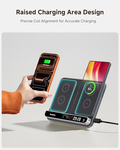 Dual Phone Foldable Wireless Charging Station for iPhone, Galaxy, Pixel | Dual phone charging, Foldable portable stand, Dimmable clock, Case friendly, Raised charging area, flat mode for earbuds, 504 - color: Black & Tech Grey