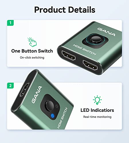 HDMI Switch 4k@60hz Splitter, GANA Aluminum Bidirectional HDMI Switcher 2 in 1 Out, Manual HDMI Hub Supports HD Compatible with Xbox PS5/4/3 Blu-Ray Player Fire Stick Roku - color: Green (No Cable)