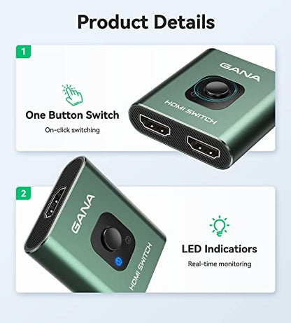 HDMI Switch 4k@60hz Splitter, GANA Aluminum Bidirectional HDMI Switcher 2 in 1 Out, Manual HDMI Hub Supports HD Compatible with Xbox PS5/4/3 Blu-Ray Player Fire Stick Roku - color: Green (No Cable)