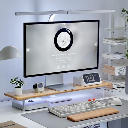 Bamboo Monitor Stand, Desk Shelf with Acrylic Legs and RGB Lights | 31.5-Inch Wide, 3.3-Inch Clearance, Fits Monitor, Laptop, Printer and Speakers for Small Desks - color: Natural x RGB Light