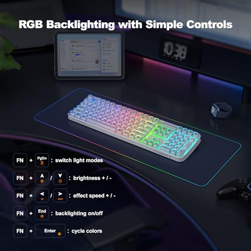 GEEZER Computer Backlit Keyboard White Crystal - Full-Size Bluetooth Wireless Rechargeable Transparent Keycap Portable Keyboards Compatible with Windows, Laptop, PC, Desktop - color: White Crystal