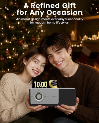 GoldJoy 7 in 1 Bluetooth Speaker Wireless Charging Station for Home Gift | Sound with Punchy Bass, Sunset Lamp & White Noise for Sleep, Smart Flip-Up LCD Display, Clock Syncs Phone's Time and Date - color: Black