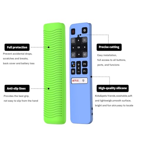 2 Pack Case for TCL RC802V FMR1 FNR1 Smart Voice Remote Control, Skin-Friendly Silicone Protective Cover Shockproof Anti Slip Anti-Lost with Lanyard, Glow Green & Glow Blue