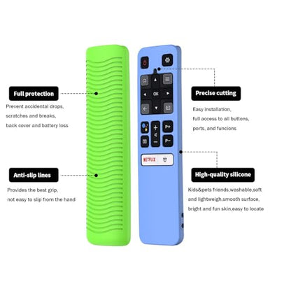2 Pack Case for TCL RC802V FMR1 FNR1 Smart Voice Remote Control, Skin-Friendly Silicone Protective Cover Shockproof Anti Slip Anti-Lost with Lanyard, Glow Green & Glow Blue