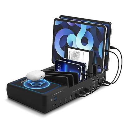 AVLT 150W 10 Port USB-A USB-C with Qi Wireless Charging Station - Black | Multiple Devices Compatible with iPhone iPad AirPods Smartphone Tablet Organizer Includes Charging Cables