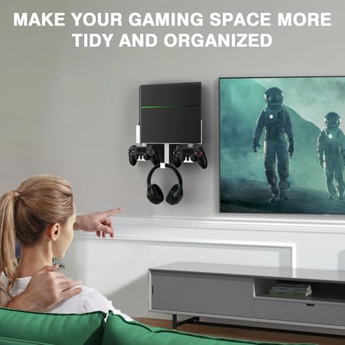 Wall Mount Kit with Detachable 2 Controller Holder & Headphone Hanger, Mount On The Wall Or On The Back Of The TV, Wall Mount Compatible with PS4, White - color: White