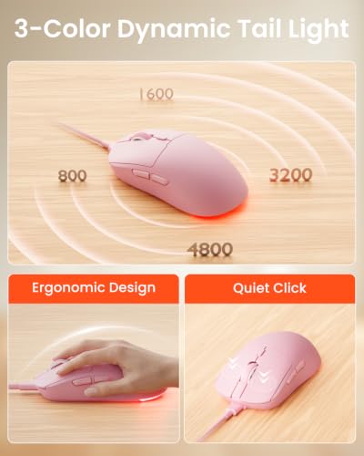 EWEADN Wired Keyboard and Mouse Combo with Detachable Wrist Rest, Quiet Ergonomic Keyboard Mouse Set with Multimedia Knob, RGB Backlit, Double-Shot Keycaps Natural Typing for Laptop, PC - Pink - color: Pink