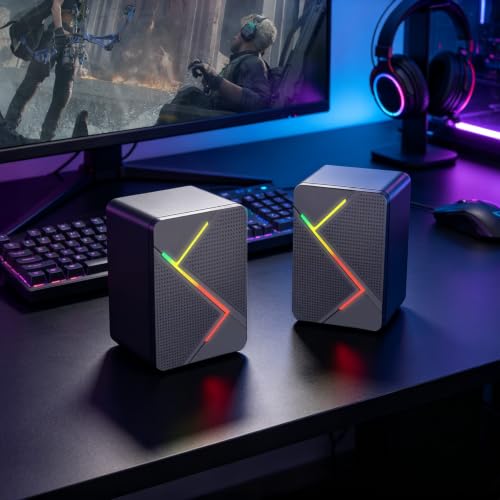 RGB Gaming Computer Speakers, USB Wired PC Speakers with Colorful LED Light, HiFi Stereo Desktop Speakers for Laptop/Monitor/Phone, Portable Mini 2.0 Channel Sound Bar for Gaming/Music/Movies