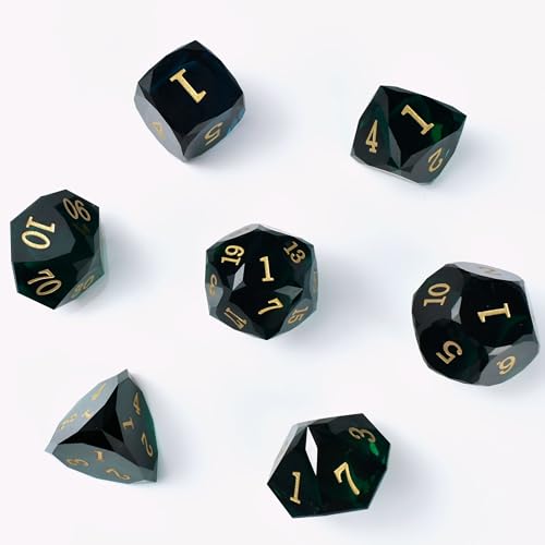 Prism Gemstone DND Dice Set,7 Pcs Handmade Crystal Glass GemDice, Polyhedral MultiFaceted Diamond-Cut Glass D&D Gem Dice for RPG Game,D&D Accessories with Gift Box - color: Pm-dark Green