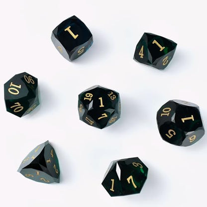 Prism Gemstone DND Dice Set,7 Pcs Handmade Crystal Glass GemDice, Polyhedral MultiFaceted Diamond-Cut Glass D&D Gem Dice for RPG Game,D&D Accessories with Gift Box - color: Pm-dark Green