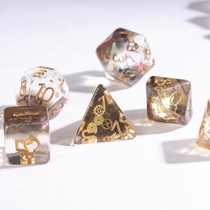 Cusdie DND Dice Set Filled with Gears Polyhedral Dice Sets for Playing DND Dice (Galaxy w/Golden Gears) - color: Galaxy W/Golden Gears