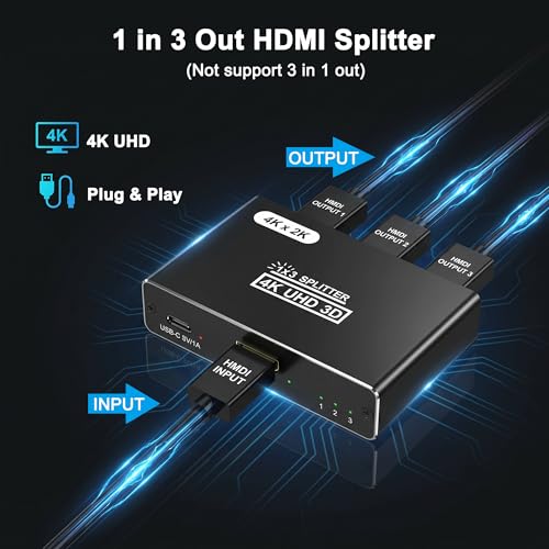 HDMI Splitter 1 in 3 Out, 4K HDMI Distributor for Triple Monitors, HDMI Splitter Copy 1 Source to 3 Displays at The Same Time for TV/Monitor/Projector/PS5/Laptop/STB (Power Cable Must Be Connected)
