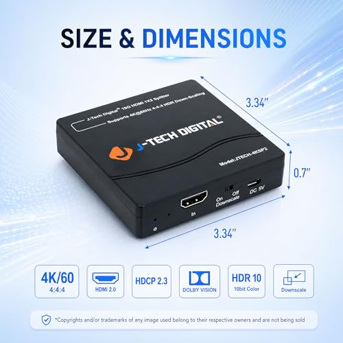 J-Tech Digital HDMI Splitter 1 in 2 Out 4K 60Hz Multi-Resolution Output (MRO) HDMI 2.0 Splitter Supports Downscale HDR HDR10 / Dolby Vision 4K@60Hz 4:4:4 HDCP2.3 2.2 (JTECH-4KSP2)